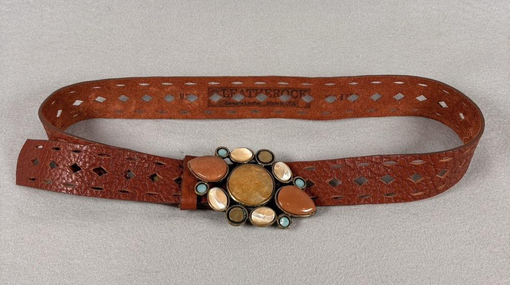 Leatherock Genuine Leather Belt Stone Jeweled Buckle Made in USA 39 in length